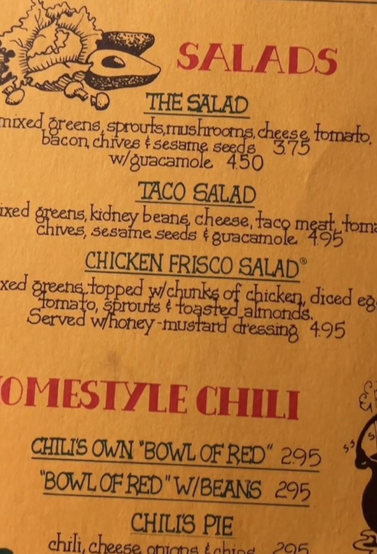 chili's menu from the 1980s